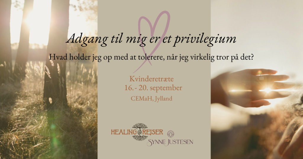 Kvindehånd i sollys og skovlandskab ved solopgang med tekst om kvinderetræte “Adgang til mig er et privilegium” arrangeret af Healingrejser og Synne Justesen.